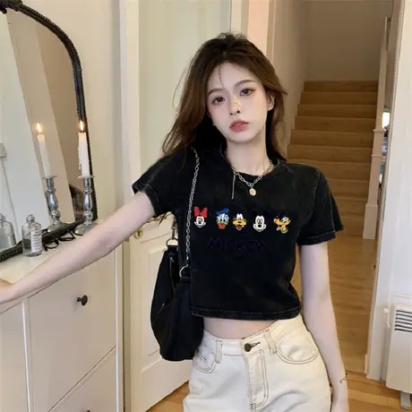 正肩短袖t恤女2023夏新款小个子短款露肚脐印花上衣圆领修身体恤商品大图