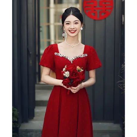 敬酒服2024新款新娘高级感小个子女夏季订婚礼服钉珠连衣裙中长款商品大图