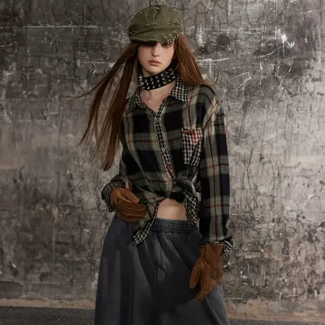 美式复古拼接格子衬衫女春秋2024新款情侣装潮牌宽松oversize衬衣商品大图