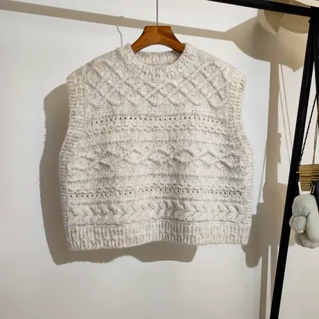 大码慵懒风针织马甲女秋冬新款宽松圆领无袖坎肩麻花毛衣背心外穿商品大图