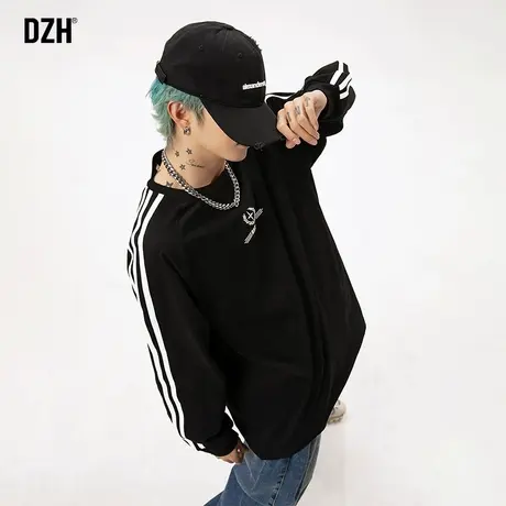 男生条纹长袖t恤男春季2024新款纯棉打底衫黑色上衣插肩圆领卫衣商品大图