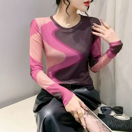欧货网纱打底衫女长袖内搭春秋2024新款晕染印花上衣修身圆领T恤商品大图