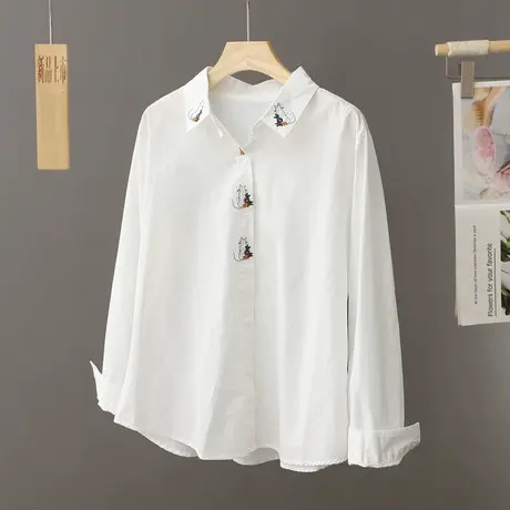 春秋季新款文艺猫咪刺绣纯棉白色衬衫女小个子上衣百搭打底衫衬衣图片
