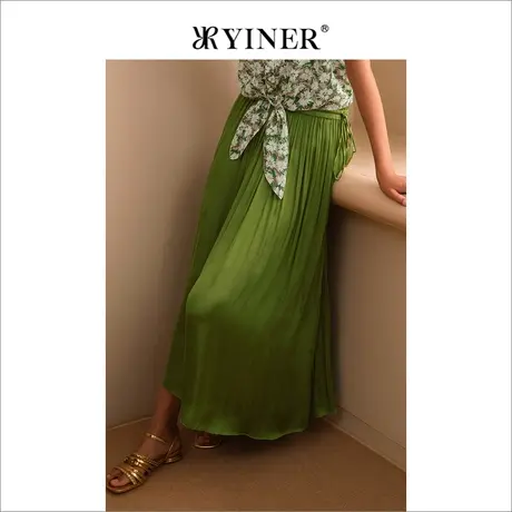 YINER音儿女装2023夏季时尚法式压褶绿色过膝半身裙图片