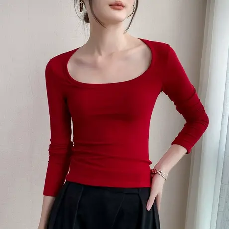 本命红大u领长袖T恤女装2024春季新款修身显瘦西装内搭打底衫上衣商品大图