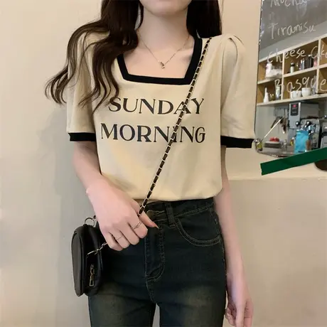 方领短袖t恤女夏季2023年新款韩版气质减龄修身显瘦正肩上衣别致商品大图