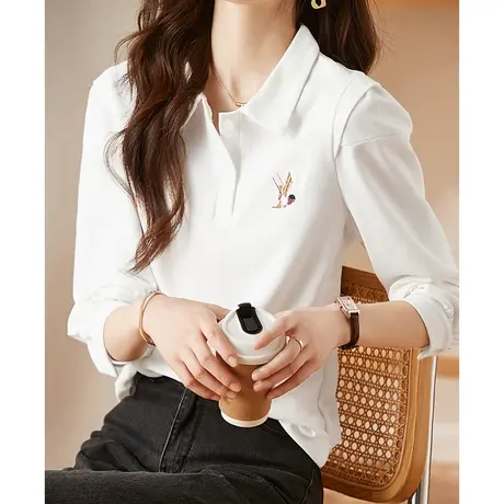 韩潮袭人宽松显瘦韩版白色POLO百搭套头长袖打底上衣女图片