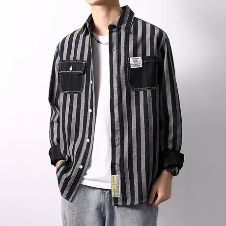 春秋季牛仔衬衫男士长袖宽松外穿休闲纯棉外套潮流条纹衬衣服褂子图片