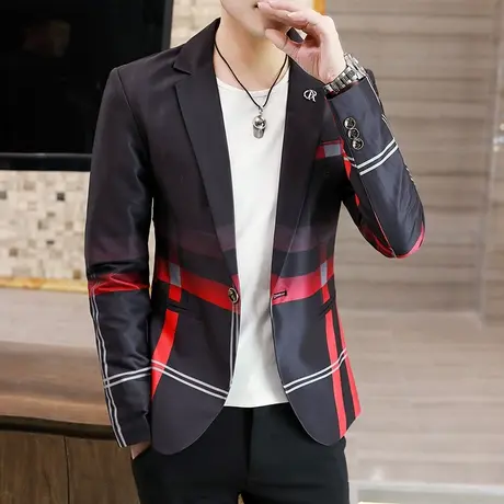 新款潮牌男士西装外套潮流秋季韩版渐变色痞帅撞色小西服夹克男装商品大图