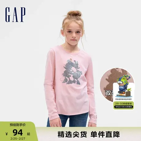 【迪士尼联名】Gap女童春秋双面亮片T恤粉红色舒适透气上衣793886商品大图