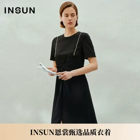 INSUN恩裳夏季假两件小黑裙三醋酸开叉连衣裙图片