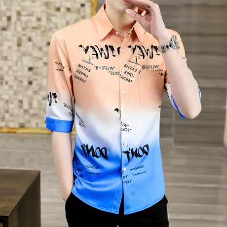 短袖衬衫男士夏季2021新款潮流渐变痞帅口袋寸衫网红韩版拼色衬衣商品大图