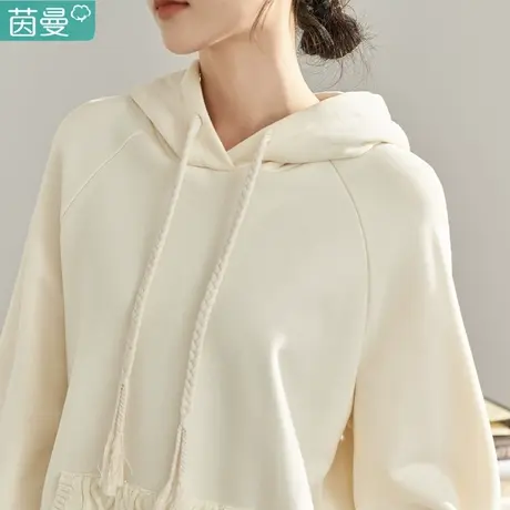 茵曼奶fufu女装2024新款春秋宽松连帽衫高端卫衣外套短款国风白色图片