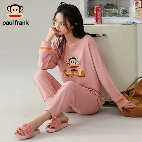 大嘴猴睡衣女春秋纯棉长袖圆领套装卡通可爱全棉粉色家居服束脚裤商品大图