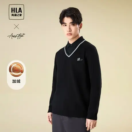 【加厚加绒】HLA/海澜之家针织衫23秋冬新加绒假两件刺绣毛衣男图片