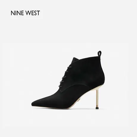 Nine West/玖熙羊反绒优雅细跟短靴2023冬新款交叉绑带尖头时装靴商品大图