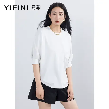 Yifini/易菲中袖宽松圆领黑色白色T恤女2023夏季新款百搭休闲上衣商品大图