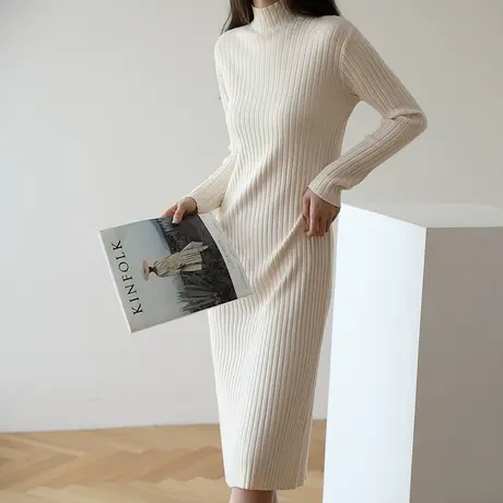 秋冬新款中长款慵懒风高领套头打底毛衣女毛线裙内搭套装M253商品大图