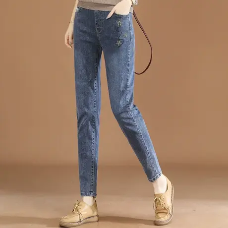 韩潮袭人松紧腰休闲图案刺绣牛仔长裤女2023年秋季新款哈伦长裤子商品大图