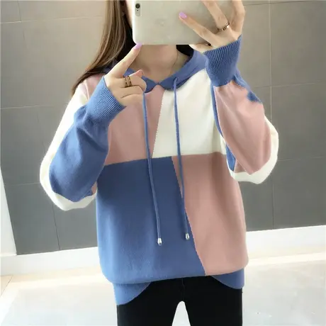 连帽针织卫衣女长袖2023春季新款女装百搭宽松拼色系带洋气上衣图片