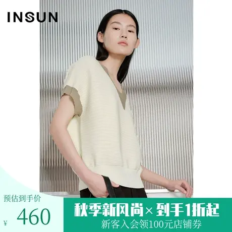 恩裳COVER2023夏装新款经典横纹坑条肌理撞色V领凉感冰丝针织短袖图片