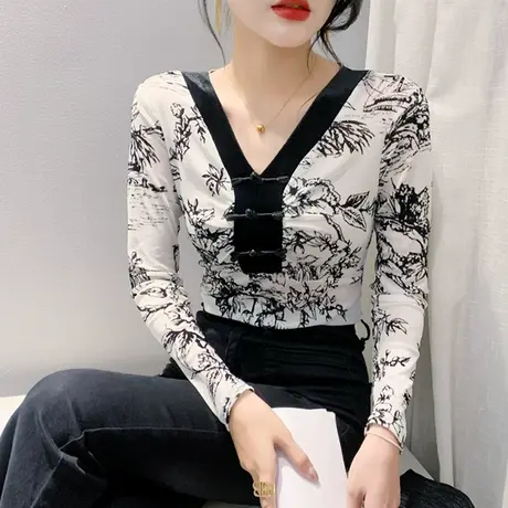 欧货性感网纱打底衫女长袖国风复古盘扣上衣设计感修身显瘦V领T恤商品大图