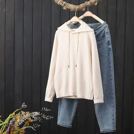 秋季新款文艺纯色连帽套头针织衫卫衣女宽松百搭长袖薄款毛衣外搭图片