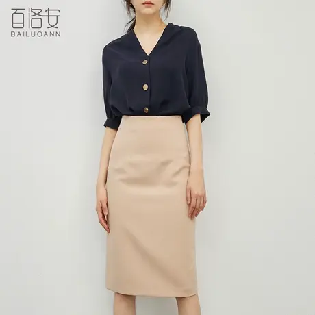 百洛安V领短袖衬衫女时尚设计感上衣夏季新款气质百搭简约OL衬衣图片