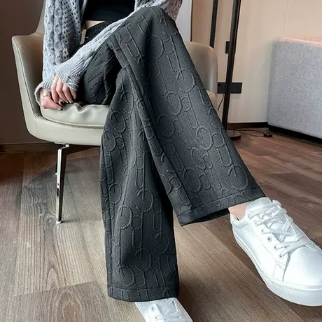 黑色提花阔腿裤女2023年春秋新款高腰直筒宽松显瘦针织休闲拖地裤图片