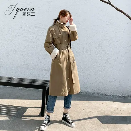 棉服外套女冬夹棉加厚中长款系带收腰显瘦袖口拼接羊羔毛保暖棉衣图片