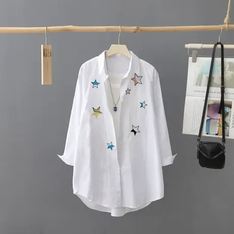 中长款休闲纯棉白衬衫女长袖衬衣洋气时尚刺绣上衣秋季纯棉衬衣服商品大图
