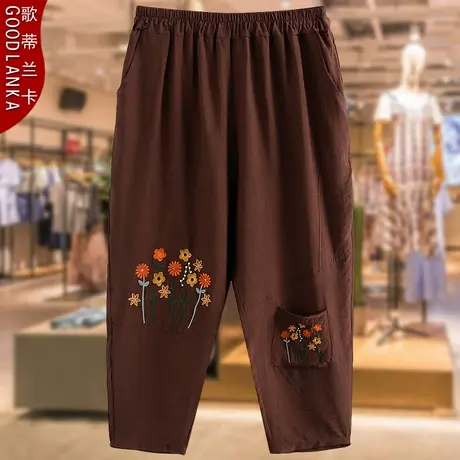 加大码中老年女装夏季休闲裤子200斤松紧腰洋气刺绣棉麻九分裤女商品大图