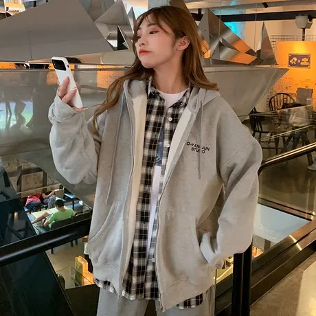 waitmore连帽卫衣女2021新款秋冬韩版宽松加绒加厚开衫外套潮ins商品大图