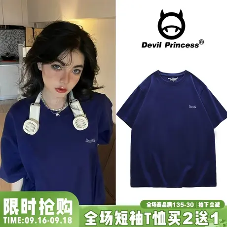 ins韩系慵懒风夏季藏蓝色T恤女vibe小众纯棉oversize大码短袖上衣商品大图