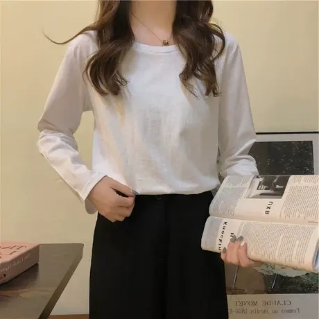 白色打底衫女外穿春秋冬装韩版宽松慵懒百搭上衣纯色内搭长袖T恤商品大图