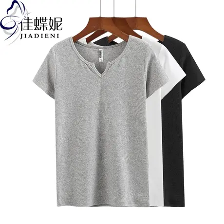 夏季韩版简约V领修身显瘦灰色体恤l基础款打底衫纯棉短袖T恤女商品大图