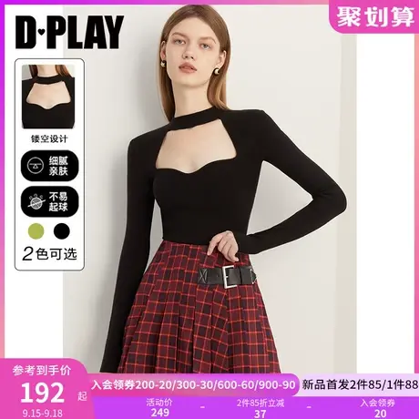DPLAY2023秋装法式镂空宫廷领美背经典黑长袖修身针织衫锁骨上衣商品大图