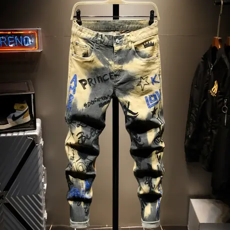 春夏季欧美潮牌刺绣花裤子男士牛仔裤男百搭长裤韩版潮流修身小脚商品大图