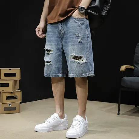 破洞牛仔短裤男士五分裤夏季潮牌宽松大码2023新款5分裤子男裤夏图片