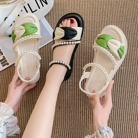 配裙子罗马凉鞋女2023年夏季新款百搭珍珠露趾仙女风厚底沙滩鞋子图片