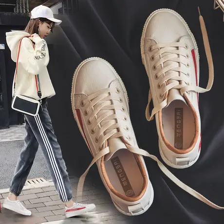 小白鞋女2023春季新款学生韩版皮面帆布鞋女原宿港风百搭平底板鞋图片