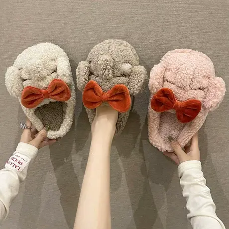 棉拖鞋女冬季可爱蝴蝶结小飞象厚底室内家居毛绒保暖防滑月子拖鞋商品大图