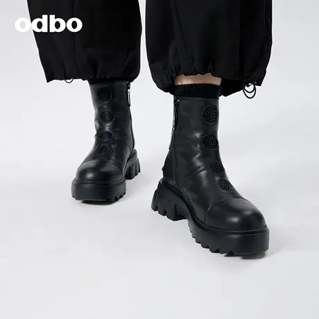 odbo 高级感镂空真皮骑士靴女新款黑色短筒靴潮牌牛皮马丁靴商品大图