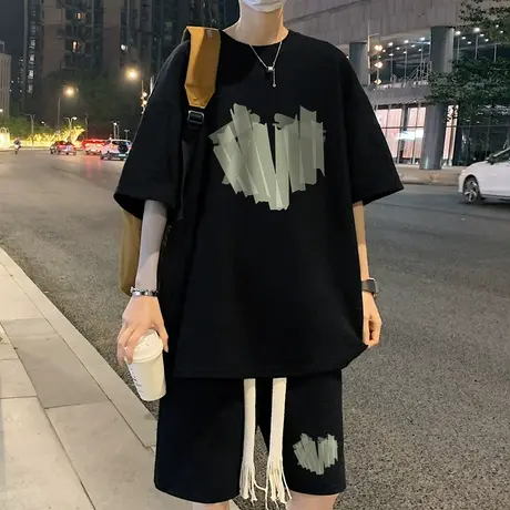 爱心华夫格休闲运动套装男女夏季新款宽松百搭设计感小众两件搭配图片