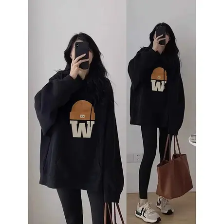 春秋季美式复古卫衣女连帽大码加绒加厚中长款宽松上衣胖mm200斤商品大图