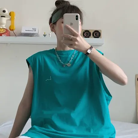 挂脖吊带坎肩背心无袖t恤女夏季设计感小众外穿ins蓝球服宽松上衣商品大图