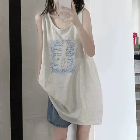 美式纯棉吊带坎肩背心无袖t恤女2023新款夏季外穿宽松篮球服上衣图片