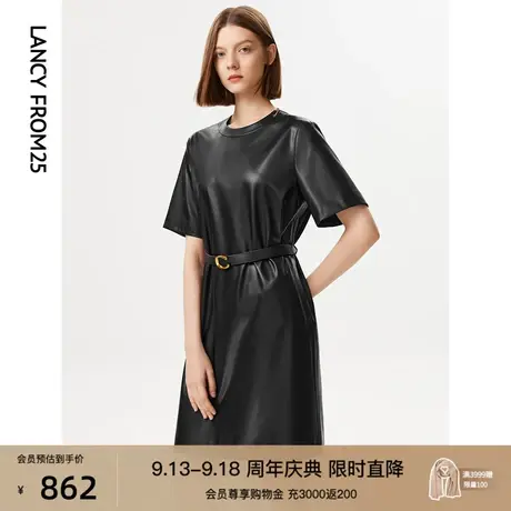 朗姿复古摩登收腰皮衣裙子女秋冬季新款连衣裙设计感别致裙子女图片