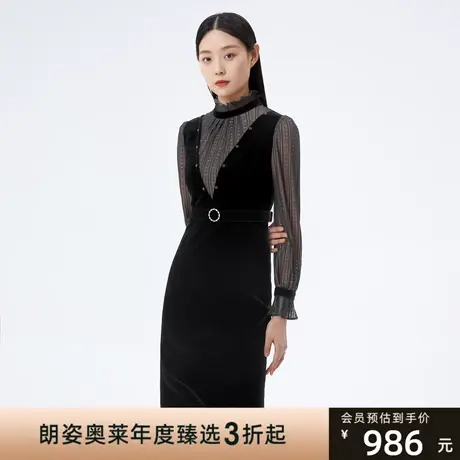 朗姿[光晕]秋日新款丝绒蕾丝拼接长袖连衣裙通勤气质打底裙图片