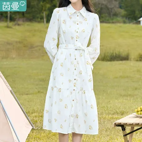 茵曼官方旗舰店法式纯棉衬衫连衣裙女2023年秋季新款长袖a字裙子商品大图